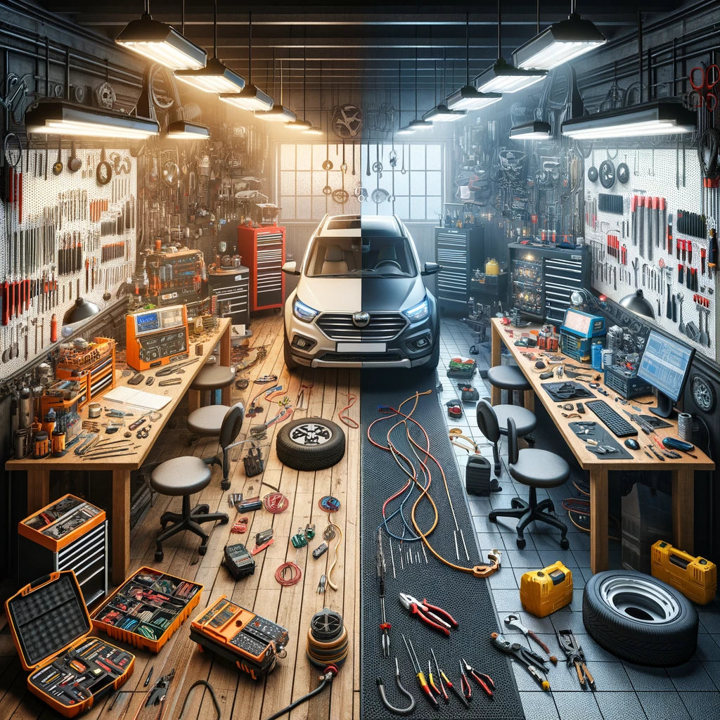 Contrasting automotive workshop setups for DIY and professional electrical work on vehicles, highlighting differences in tools and equipment.